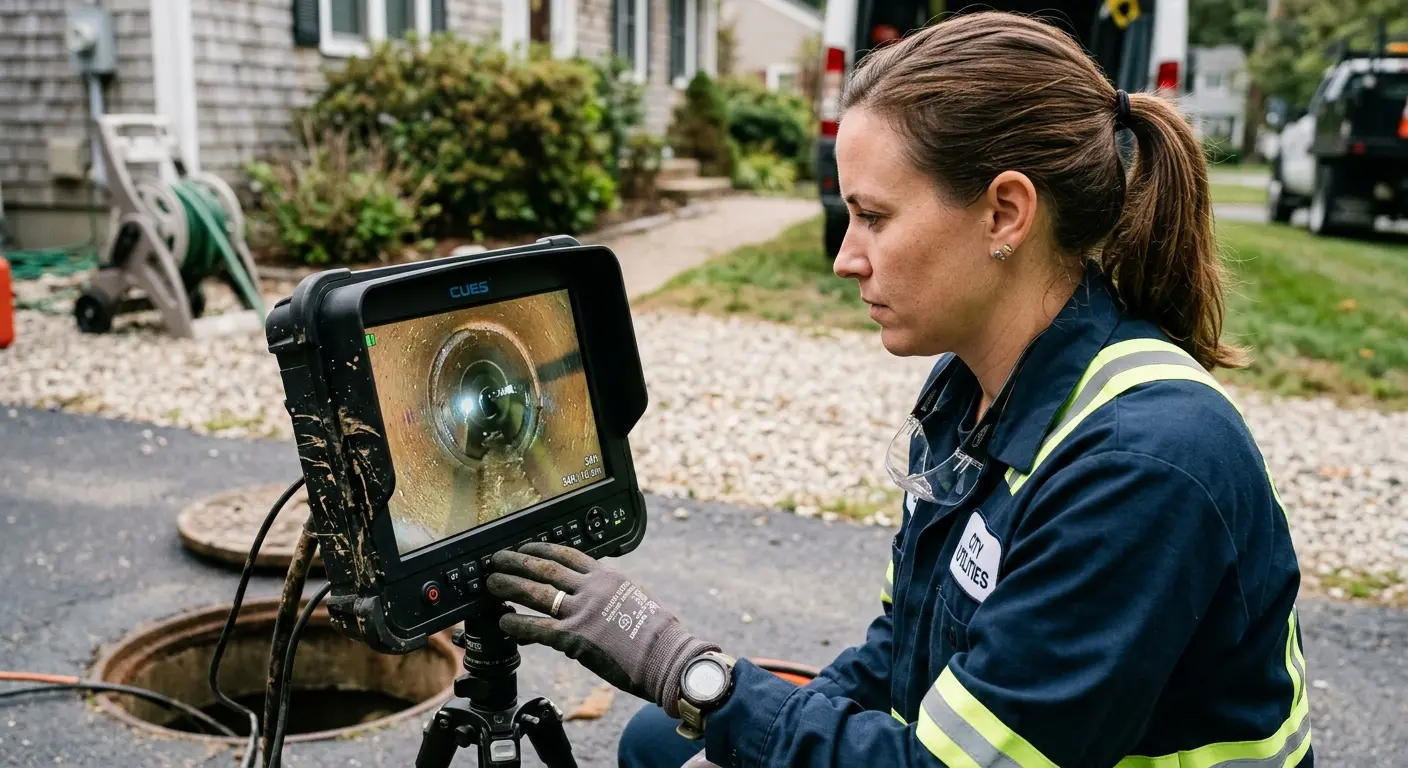Technician reviewing sewer camera inspection footage in Laketon