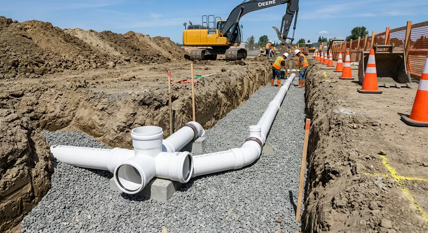 New PVC sewer pipe installation in open trench for Sewer Backup in Laketon