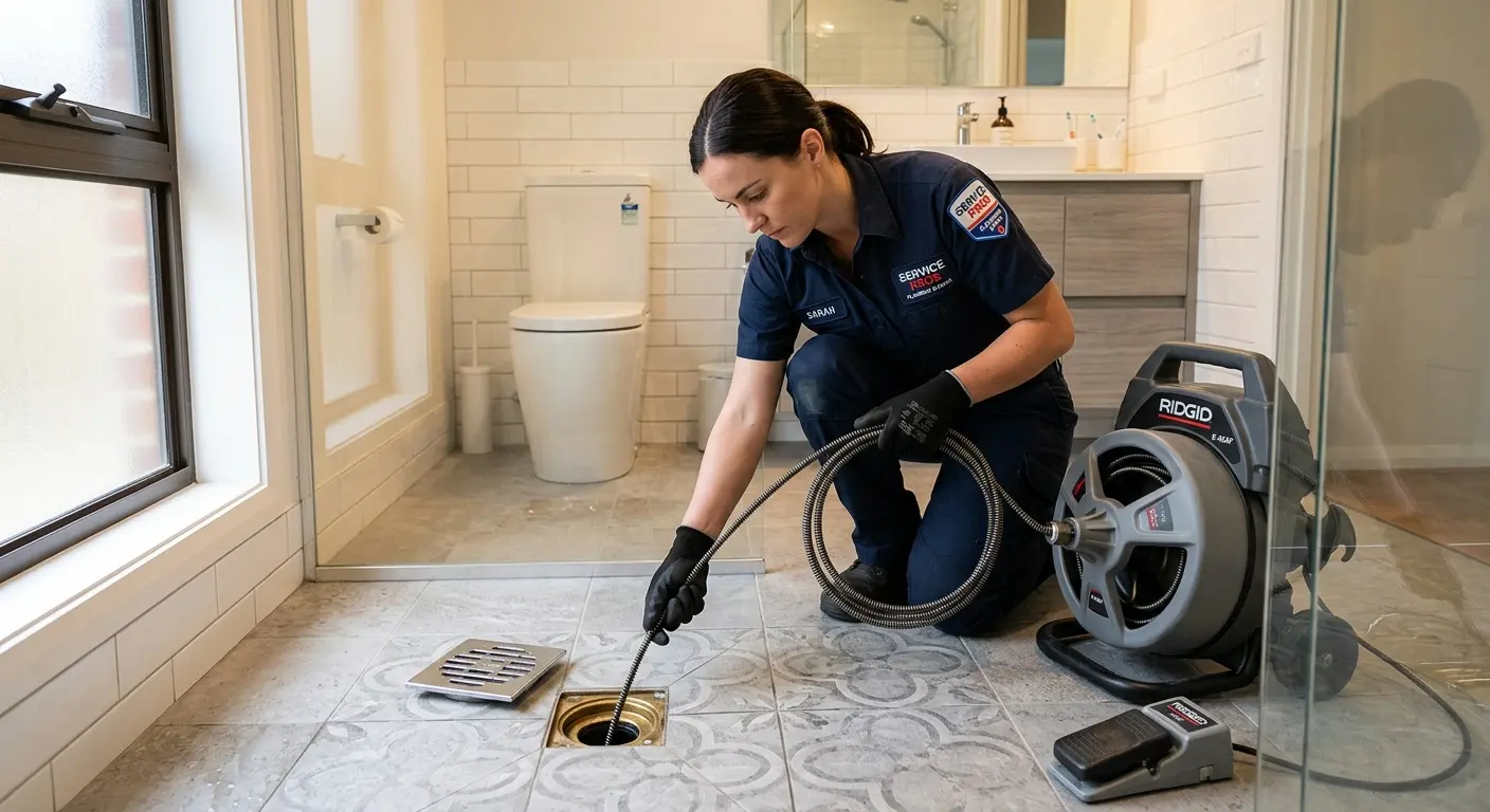 Technician clearing a bathroom floor drain for Drain Cleaning in Laketon